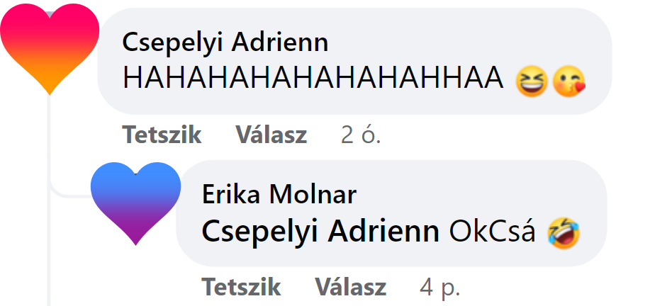 Az alkoholt nem fogyasztó Csepelyi Adrienn üzenete: hahahahaha. Molnár Erika reakciója erre: Ok, csá!